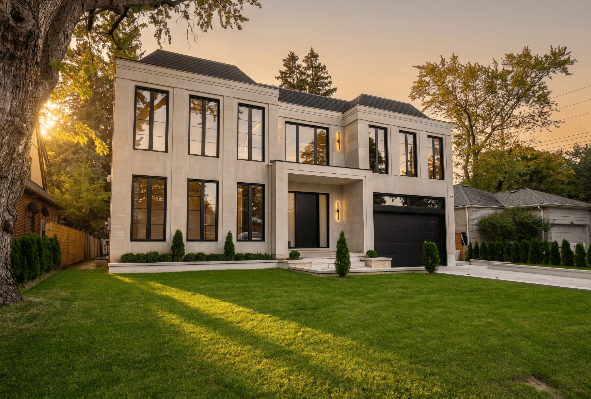 Edenbridge residence front exterior at sunset