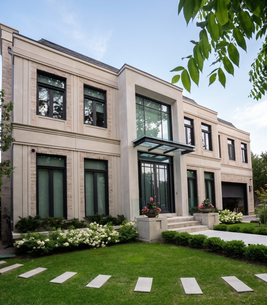 Donna Mae exterior with limestone facade, glass entrance canopy and landscaped garden
