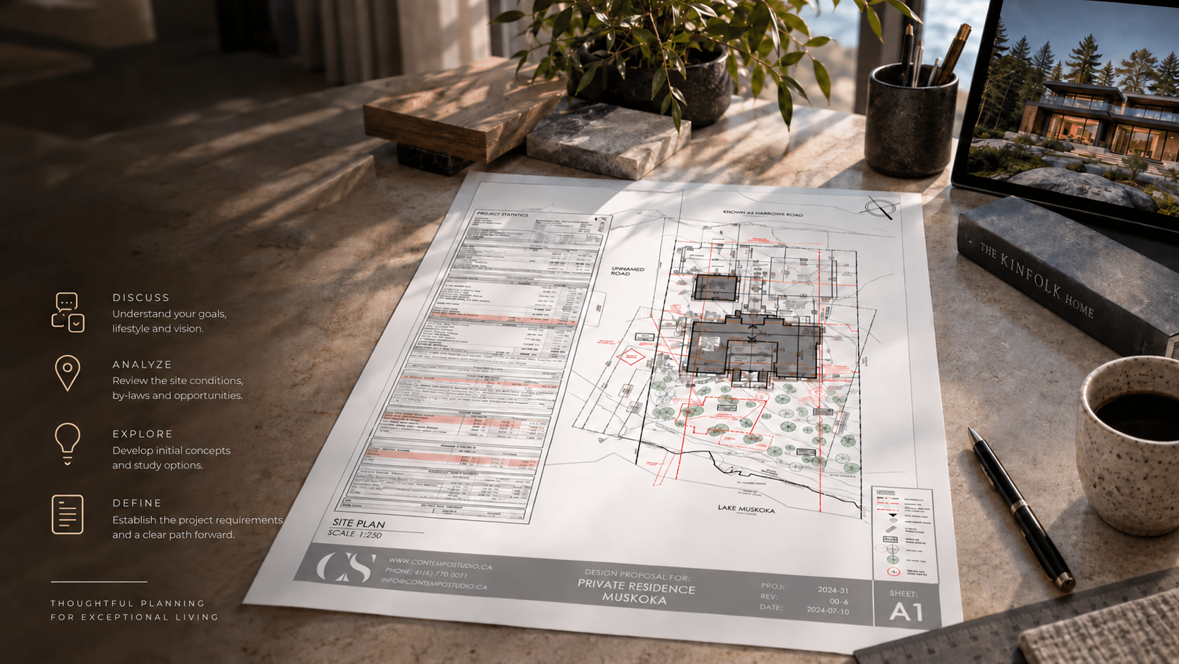 Pre-Design: discuss goals, analyse the site, explore options and define project requirements