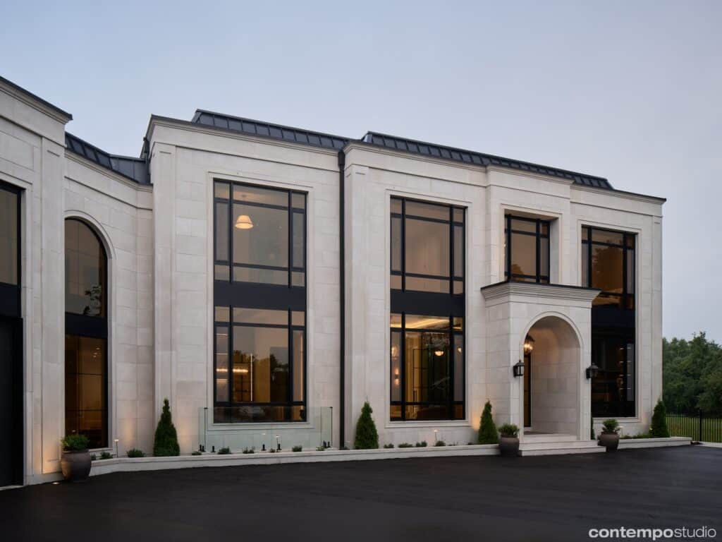 Sideroad Transitional Chateau residence in Puslinch — front exterior