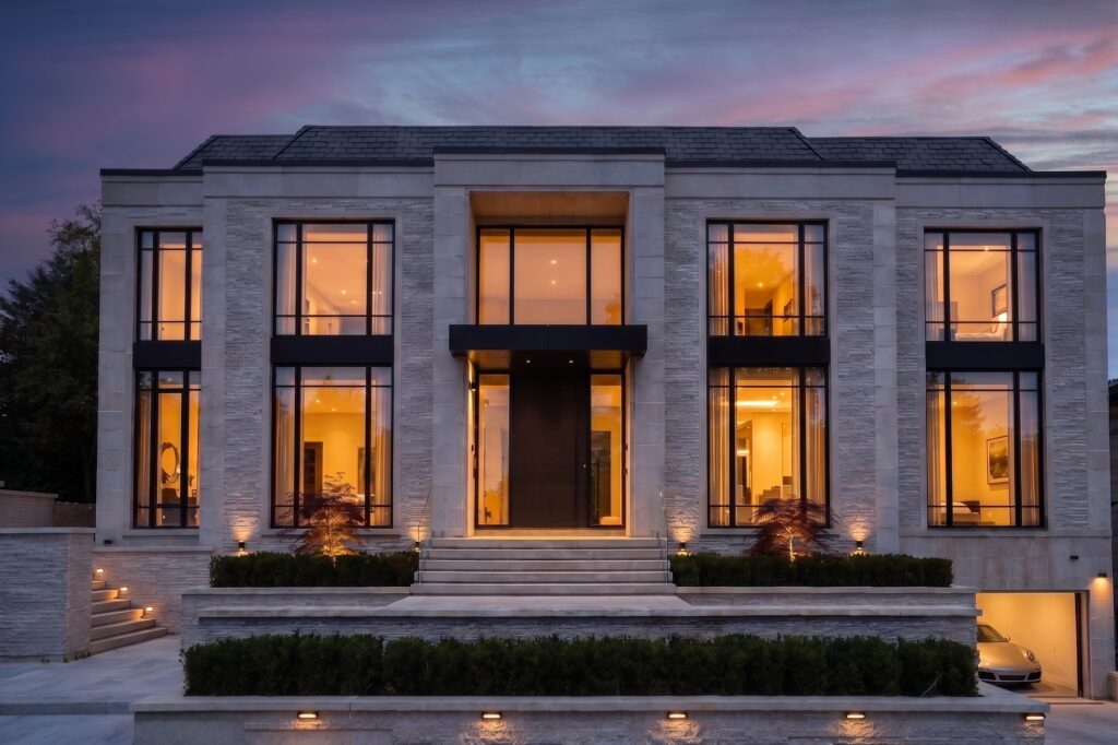 Thornbank transitional chateau exterior at dusk